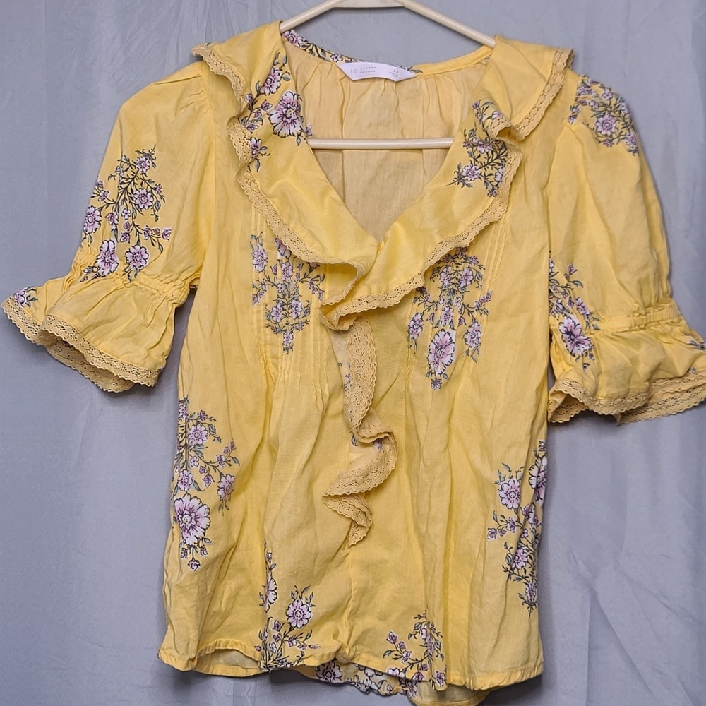 LC Lauren Conrad Womens Blouse XSYellow Floral Ruffle Pintuck Boho Cottagecore